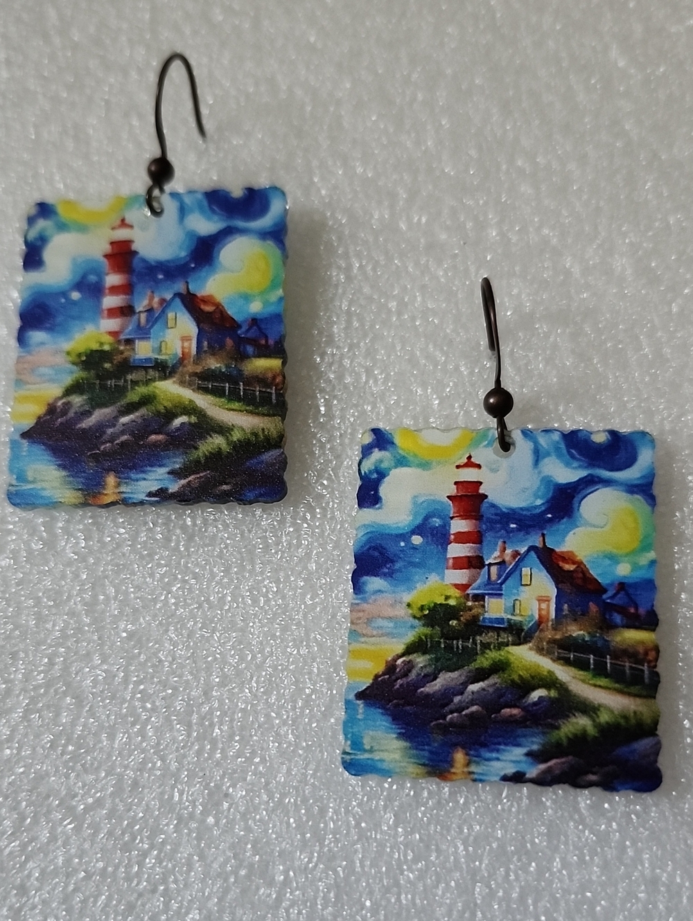 Hand Crafted Lighthouse Scene Drop Earrings - Blue, Yellow, Red
